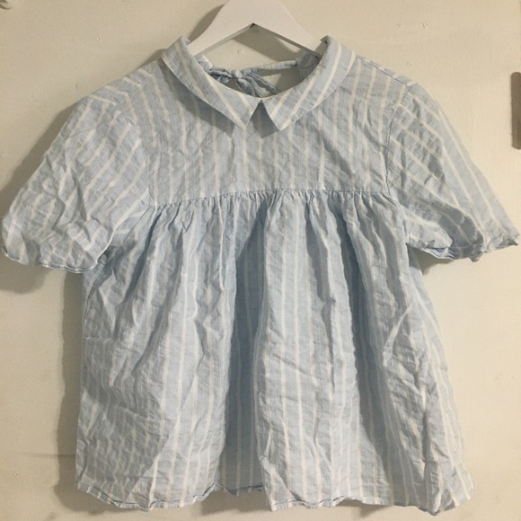 Pastel Blue and White Tie Up Blouse - Picture 2 of 4